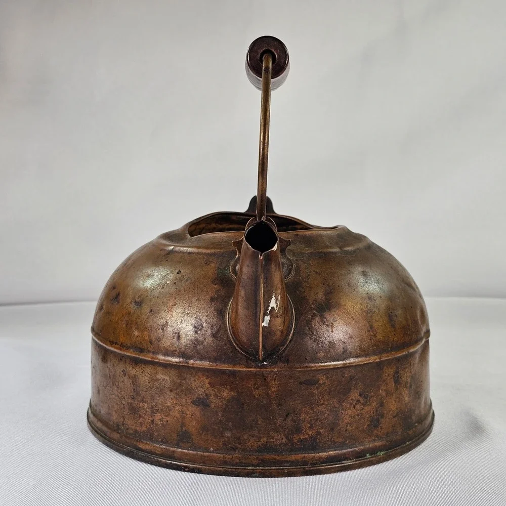 Antique Copper Tea Kettle Wood Handle Primitive Farmhouse Decor Rustic Patina